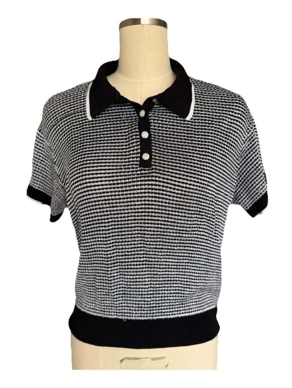 Rug & Bone Costi Knit Polo Shirt Top Black White Sz L